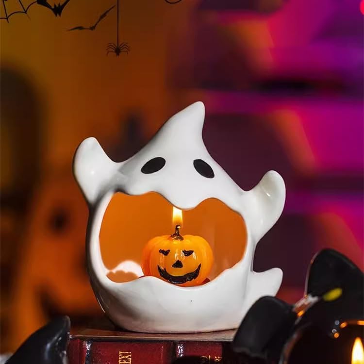 ハロウィン デコレーション 陶器キャンドルホルダー 幽霊/コウモリ 可愛い置物 卓上飾り 子供 幼稚園 バー レストラン 雰囲気作り インテリア小物 (白可愛いおばけ) - Yolerhome