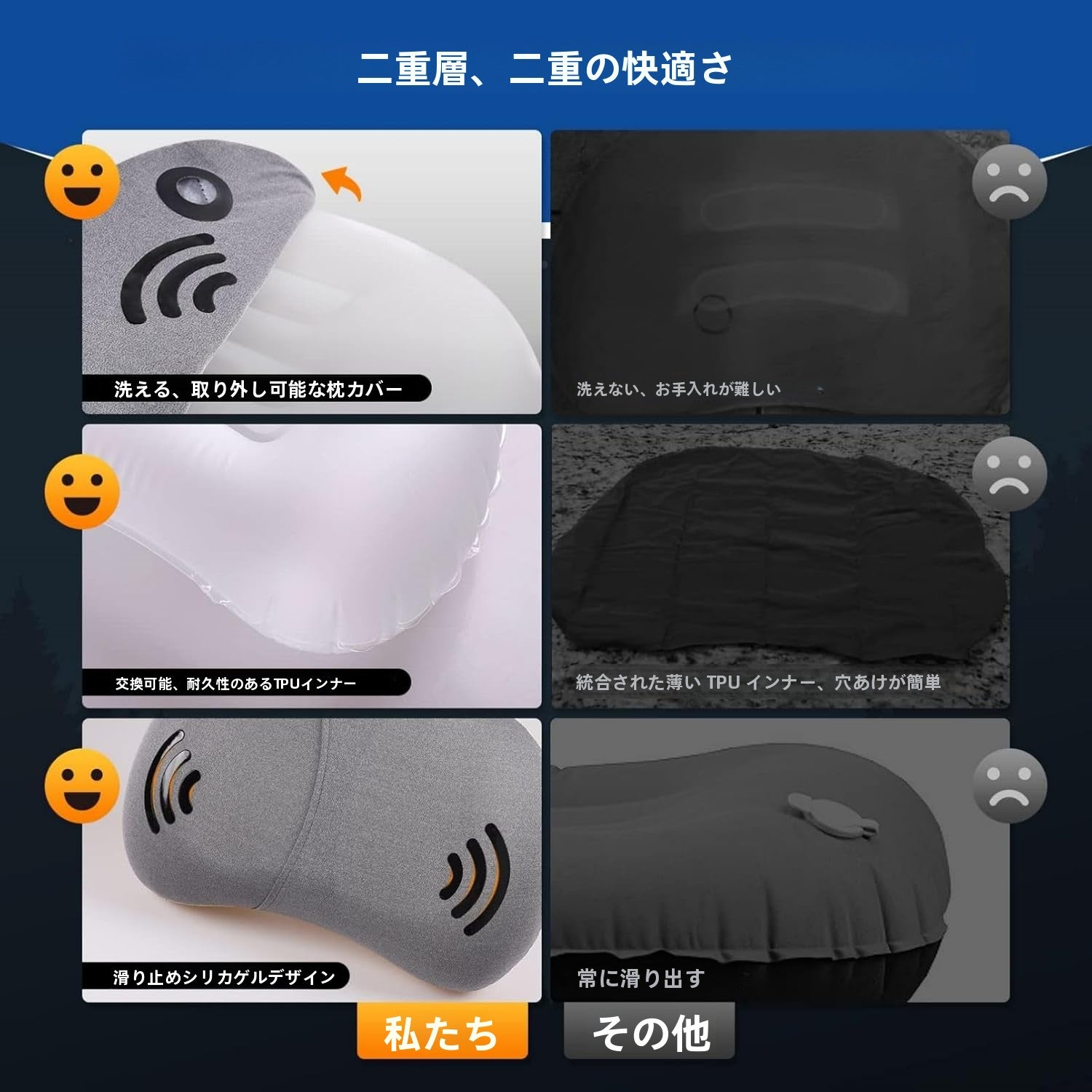 キャンプ 枕 【超軽量・空気逆流防止弁】 コンパクト キャンプ まくら カバー付き エアーピロー アウトドア 枕 防滑処理 キャンプ用枕 エアピロー 空気枕 エアー枕 携帯枕 コットン 収納袋付き 車中泊 ツーリング - Yolerhome