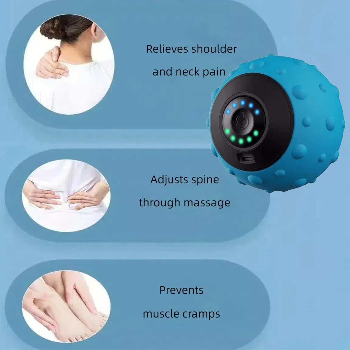 振動マッサージボール 電動筋膜ボール 筋弛緩 マッサージ器 フィットネスヨガ 運動回復 振動ハンドボール 充電式 コンディショニングボール付属 青 - Yolerhome