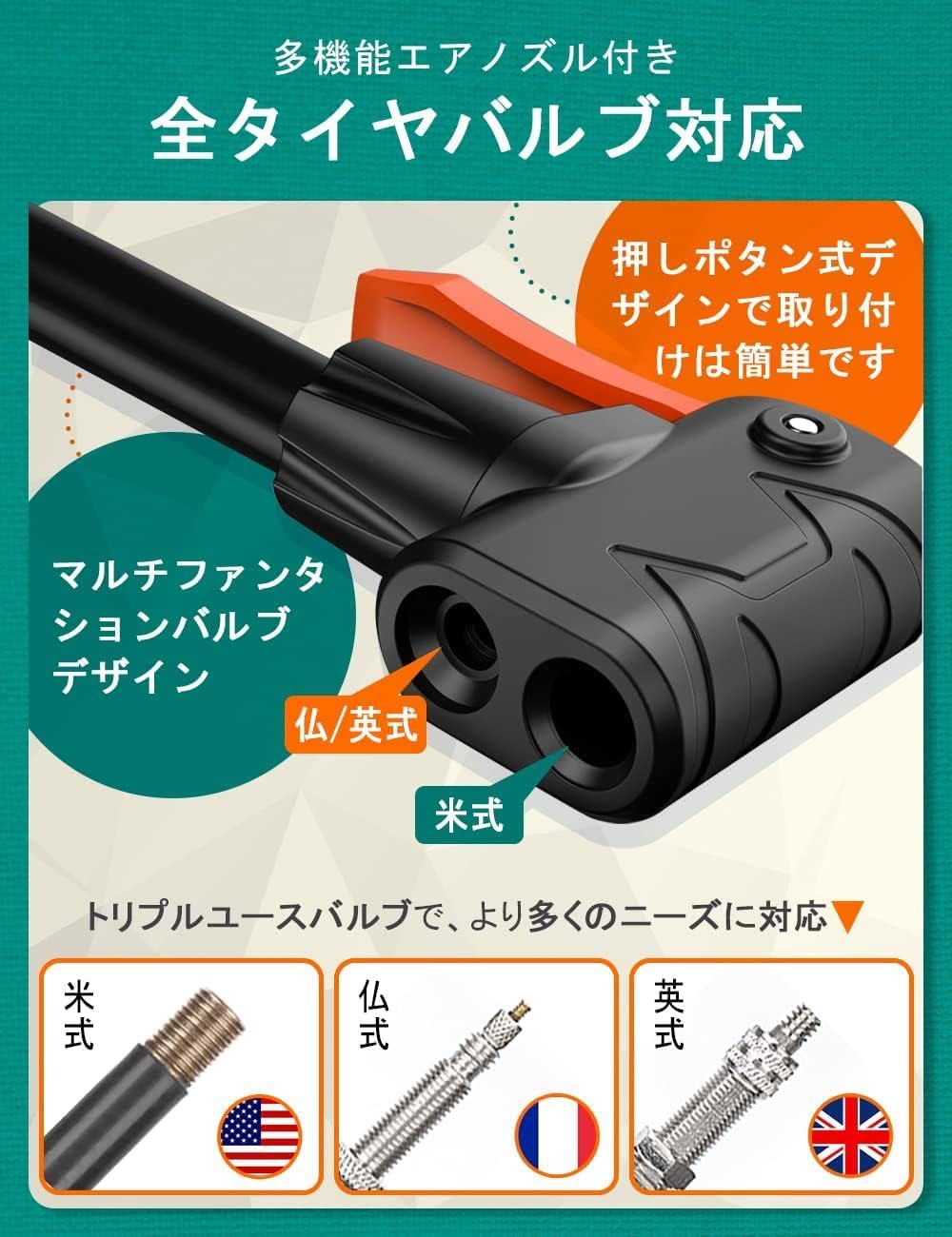 自転車 空気入れ 仏式 くうきいれ 仏/英/米式バルブ対応 くうき空気入れ コンパクト足踏み式 ボール 兼用 人気携帯空気入れ 自転車 ボール、電動車、バイク、球、針、浮き輪用 日本語取扱説明書付き - Yolerhome