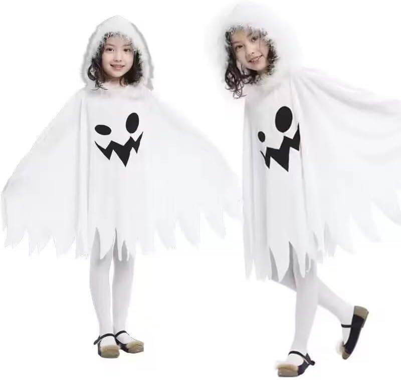 【ハロウィンコスプレ】子供用 魔女 衣装 女の子 ゴースト マント 白毛付き首元 幽霊 小悪魔 妖精 ケープ 可愛い 仮装 パーティー 学園祭 イベント用 - Yolerhome