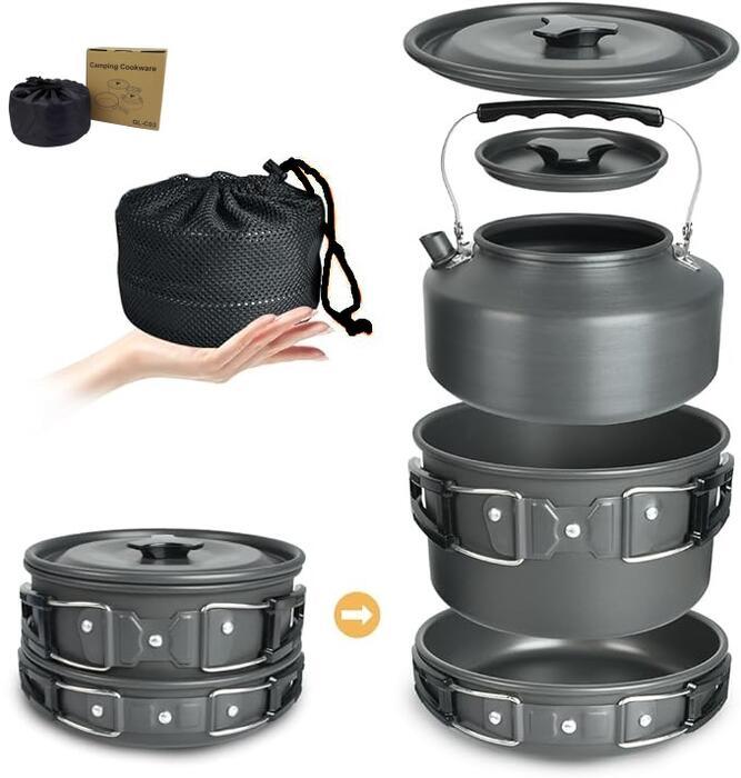 アルミクッカーセット キャンプ用品 鍋 アウトドアケトル クッカー アウトドア 調理器具 フライパン キャンピング鍋 - Yolerhome