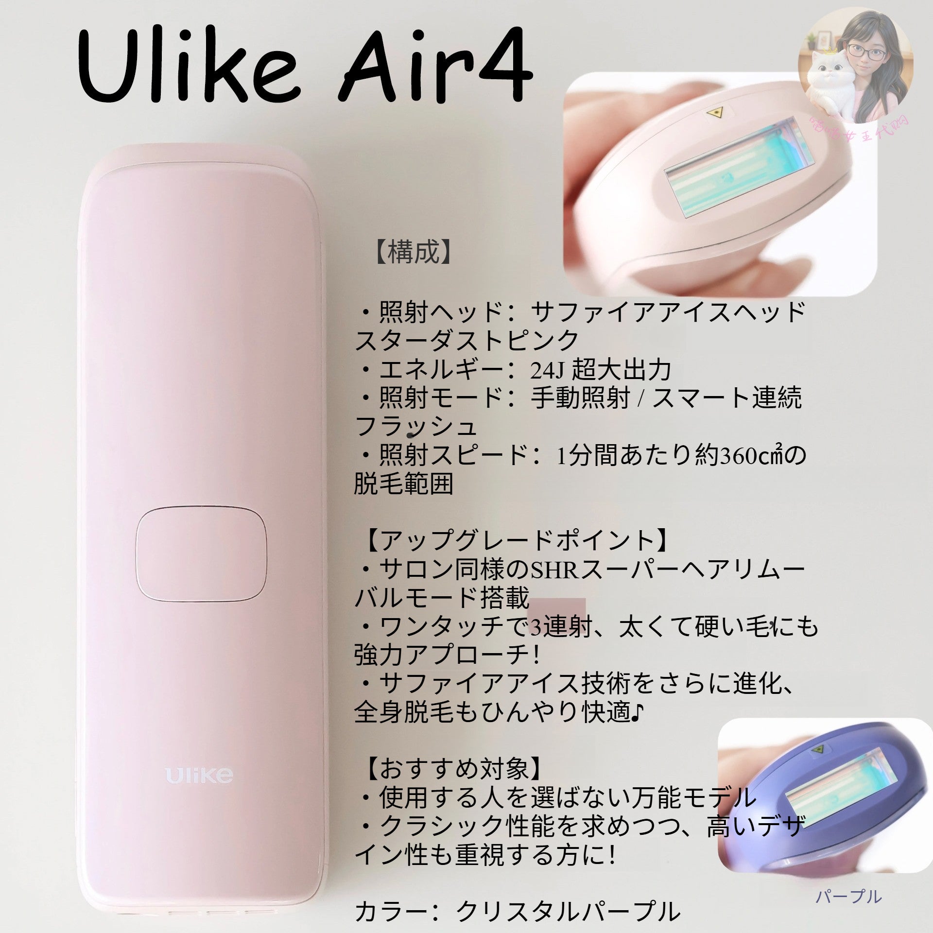 Ulike Air4 光美容器 脱毛器 IPL方式 家庭用 サファイア冷却搭載 自宅サロンケア 全身対応 VIO/顔/腕/脚 男女兼用 美肌ケア機能付き 安全センサー付属 - Yolerhome