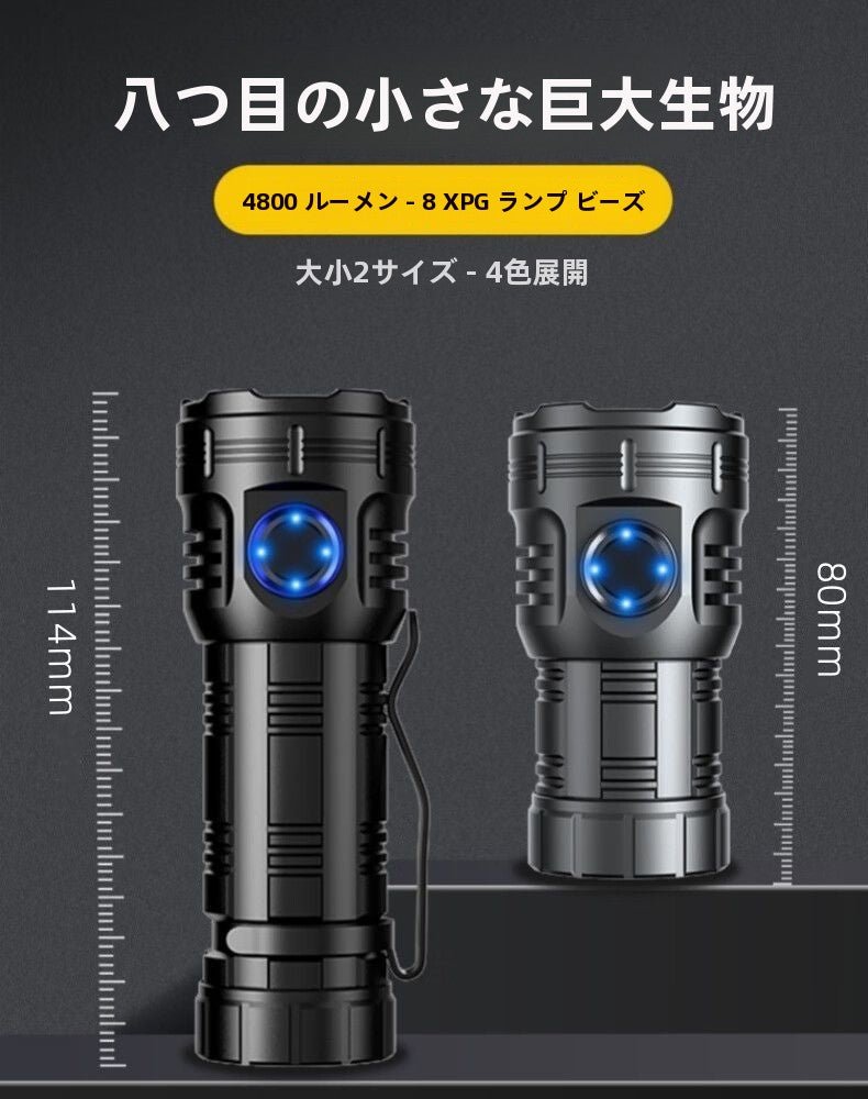 「USB充電式 小型LED懐中電灯 超軽量 ミニライト 強力 高輝度 3モード調光 ズーム式 防水 マグネット・フック付き アウトドア 防災 携帯便利」8個のXPGライトビーズ尾部は強い磁気を帯び - Yolerhome