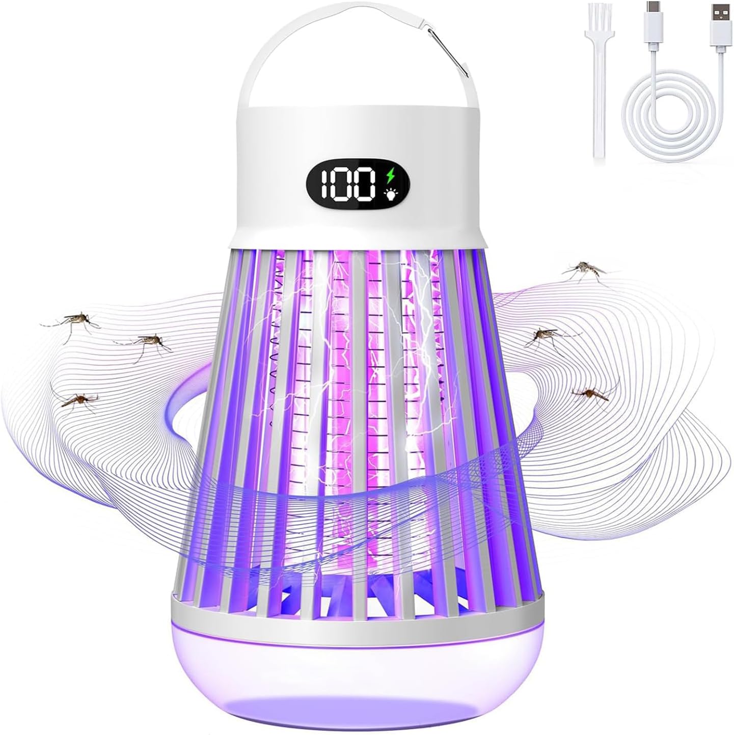 電撃殺虫器 コバエ取り 蚊取り 殺虫灯 UV光源誘引式 高圧電撃 薬剤不要 捕虫器 Type - C充電式 大容量 多機能 防水 静音 省エネ 携帯便利 室内/屋外 吊り下げ＆据え置き式両用 寝室/台所/居間/オフィス/玄関/キャンプ/登山/夜釣 蚊虫対策 英語説明書付き - Yolerhome