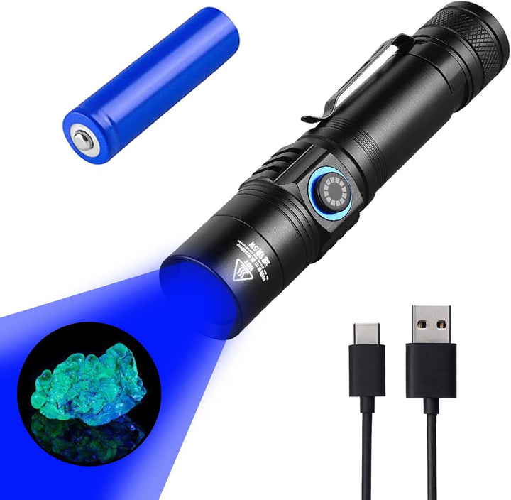 【UVブラックライト】伍德氏 短波UVライト 強力ブラックライト懐中電灯 多機能ハンディライト ミネラル・ロックハンティング・鉱物鑑定 樹脂硬化・ペット尿検出・AC漏れ検知 屋内外対応 バッテリー＆充電ケーブル付き プロ仕様 - yoler - Yolerhome