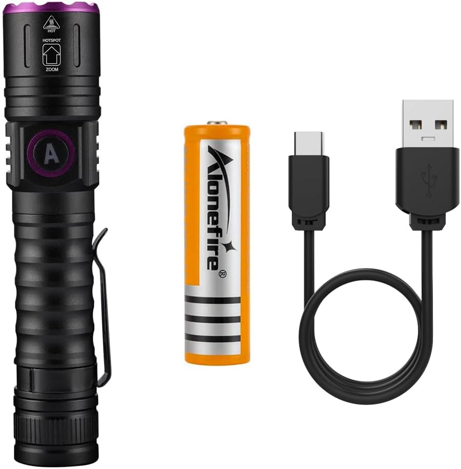 【ブラックライト UVライト】強力ズーム式 UV LED懐中電灯 TYPE - C充電式 リチウム電池付き 汚れ発見・真贋鑑定・ウッド灯検査に最適 ペット尿/猫真菌チェック アニサキス検査 釣り・鉱物観察・登山・アウトドア対応 - yoler - Yolerhome