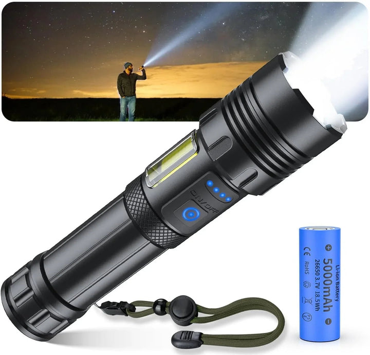 懐中電灯 強力【防災士監修・超高輝度・XHP160チップ】5000mAh 26650バッテリー付 軍用 最強 Type - C充電式/電池式 単4電池適用 ハンディライト COB作業灯 IPX6防水 7モード調光 ズーム式 耐衝撃 残量表示機能 作業用 停電 地震 避難対策 防災グッズ - Yolerhome